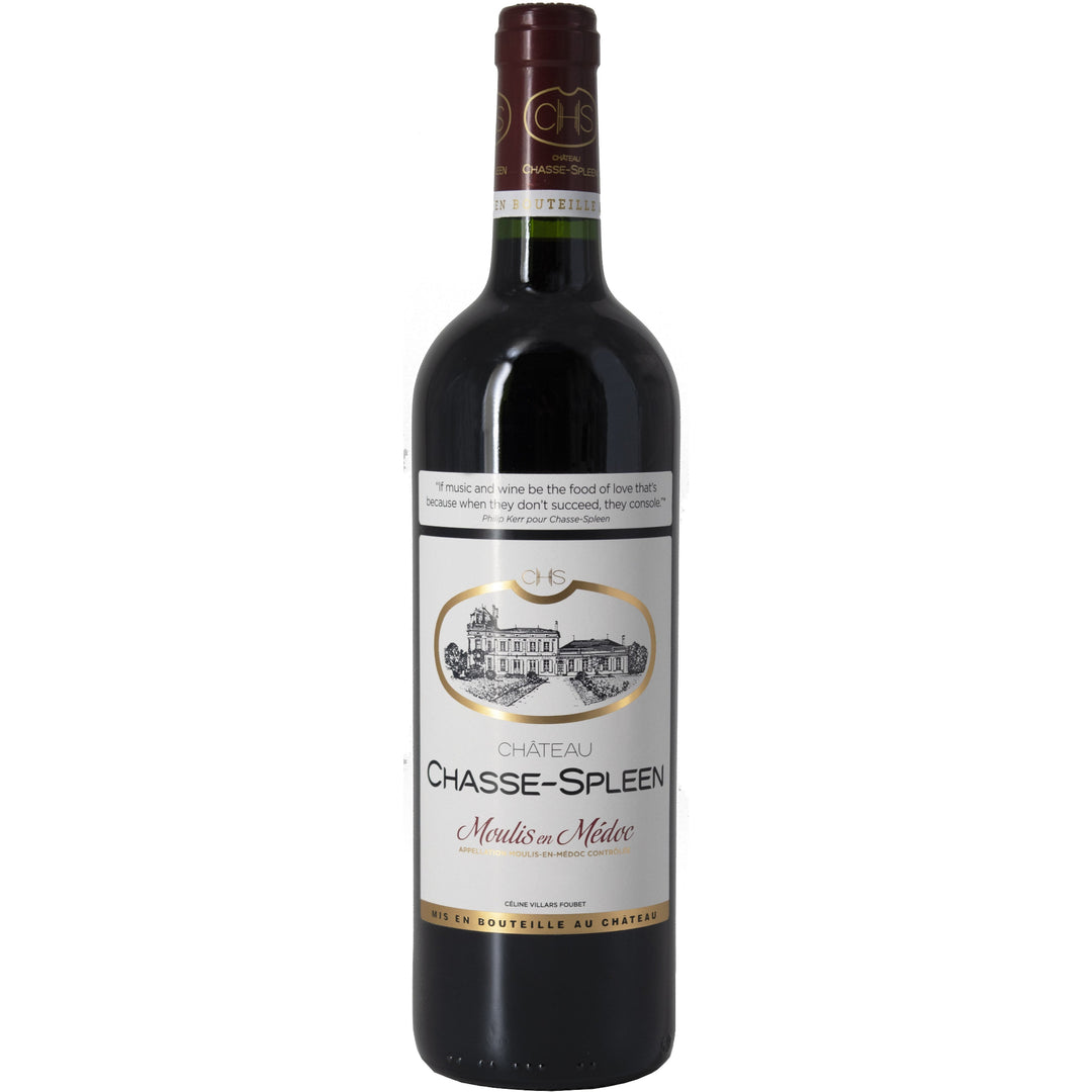 Bottle of Château Chasse-Spleen, a classic Moulis-en-Médoc red wine from Bordeaux, featuring bold fruit, spice, and fine tannins with aging potential.