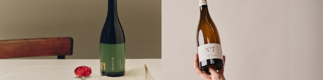 A selection of organic wines, featuring Cascina Ebreo Sinchè and Domaine La Croix Belle N°7, elegantly displayed in a minimalistic and natural setting.