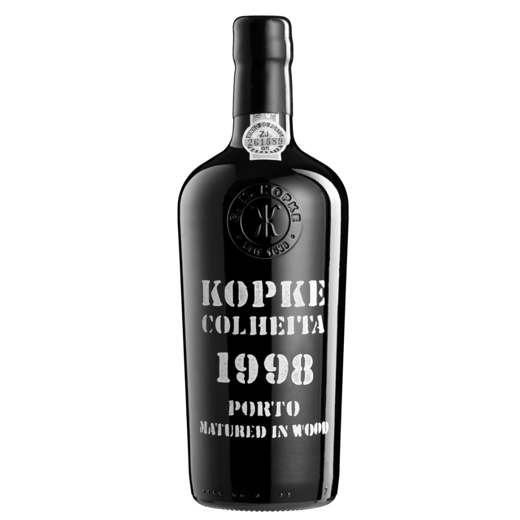 A bottle of 1998 Kopke Colheita Port on white background.