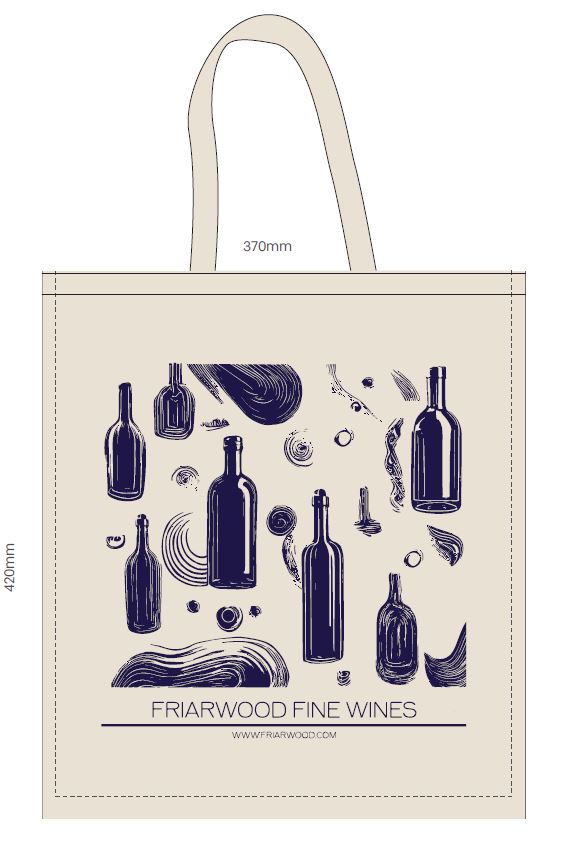 Beige tote bag with purple wine bottle illustrations and 'Friarwood Fine Wines' text on a white background
