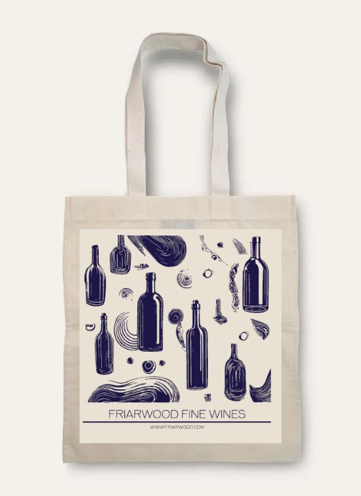 Tote bag with wine bottle design and 'Friarwood Fine Wines' text on a white background