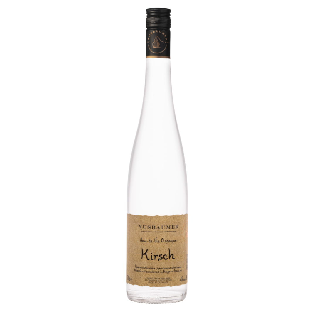 Bottle of Nusbaumer Kirsch on a white background