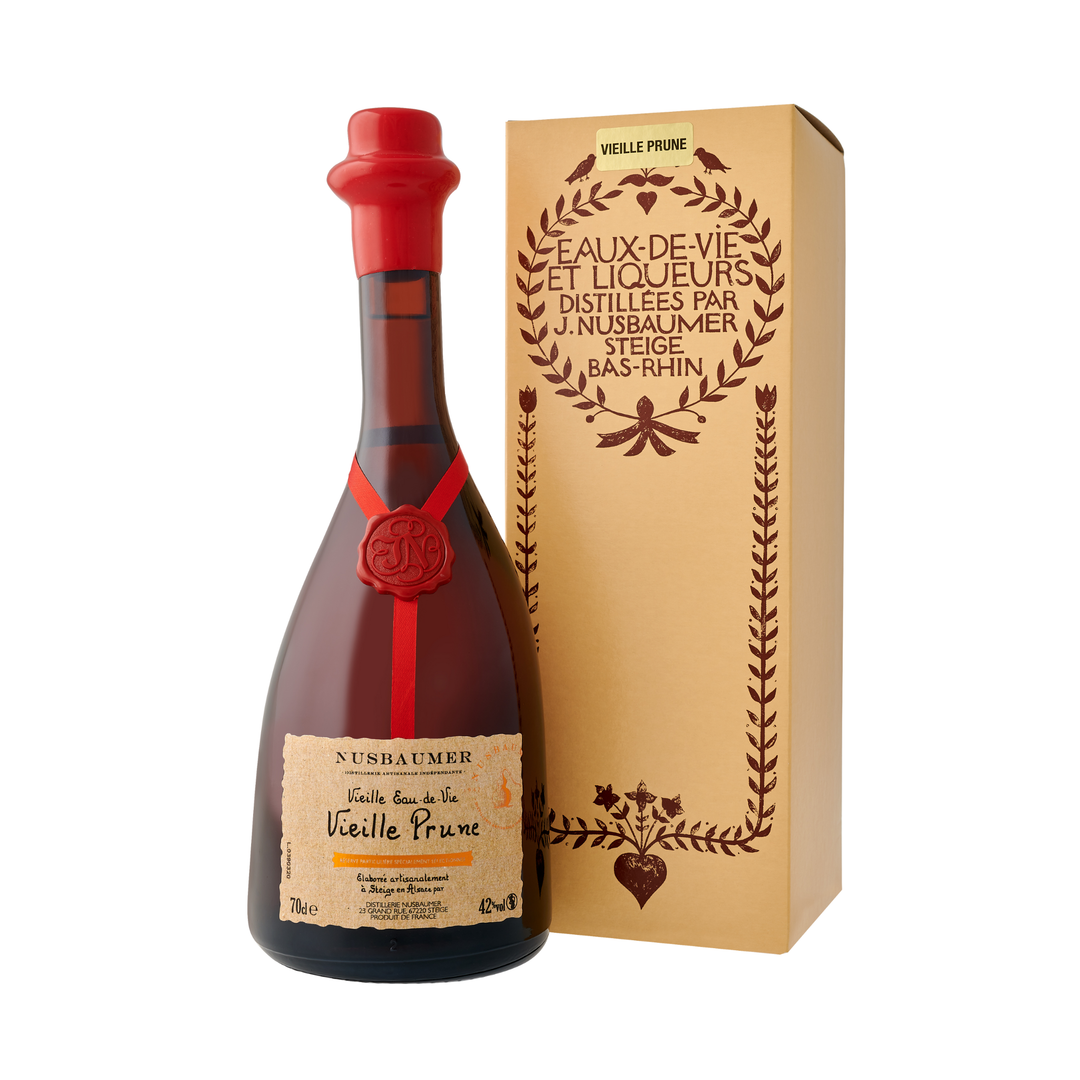 Bottle of Nusbaumer Vieille Eau de Vie with packaging on a white background