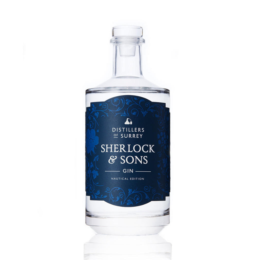 Bottle of Sherlock & Sons Gin with a blue label on a white background