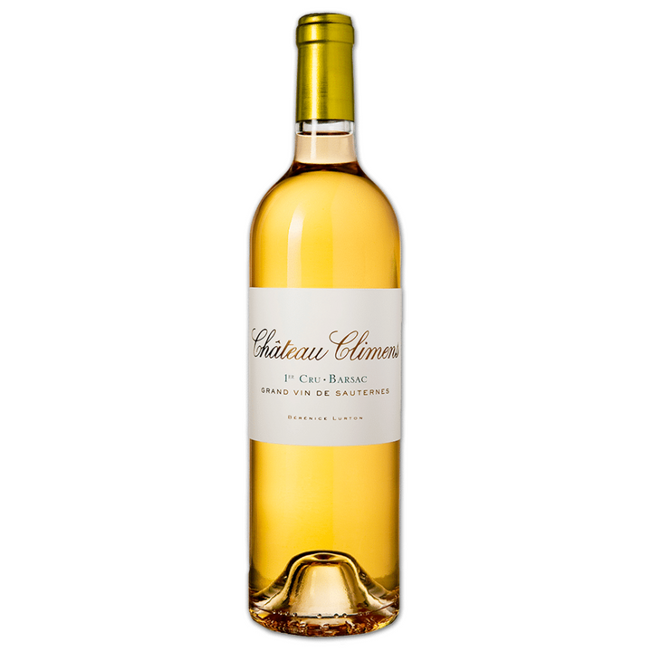 A full bottle of Château Climens 1er Cru Barsac, Grand Vin de Sauternes, with golden hues.