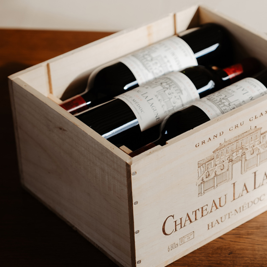 Wooden case of Château La Lagune 2015 Bordeaux wine bottles – Grand Cru Classé Haut-Médoc.