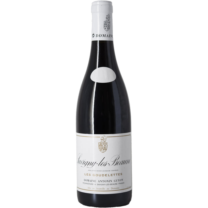 Bottle of Domaine Antonin Guyon Savigny-les-Beaune Les Goudelettes 2019 Burgundy red wine. Elegant and classic Pinot Noir from Côte de Beaune.