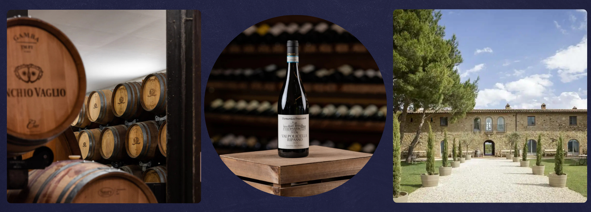 Collage of wine barrels, a wine bottle on a wooden stand, and an outdoor scene with a building.