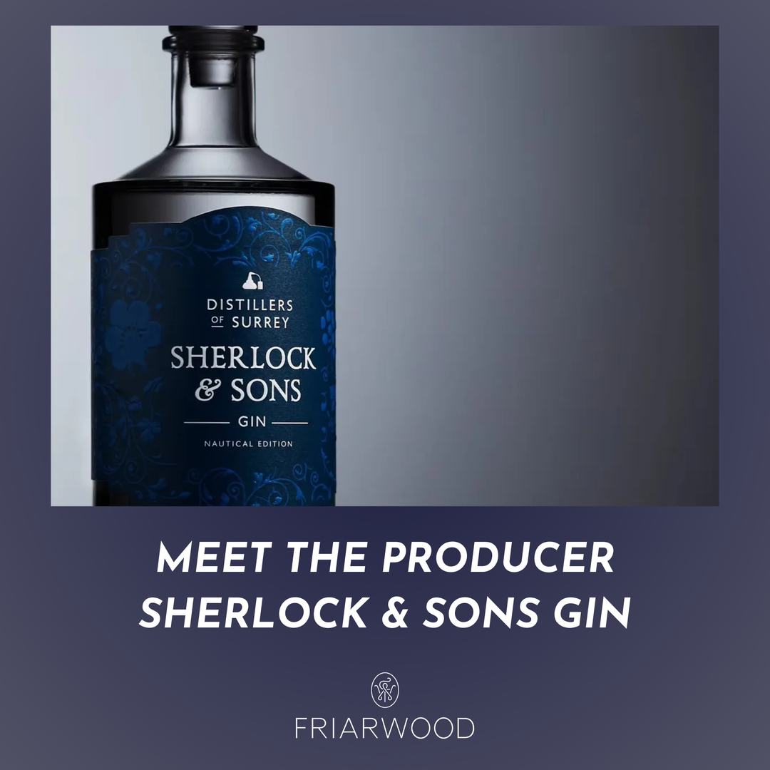 Bottle of Sherlock & Sons Gin with text on a gray background