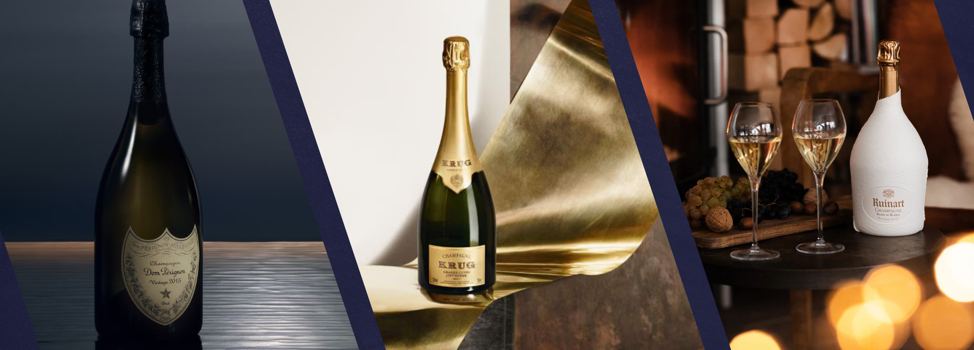 Collage of champagne bottles with different designs and settings.