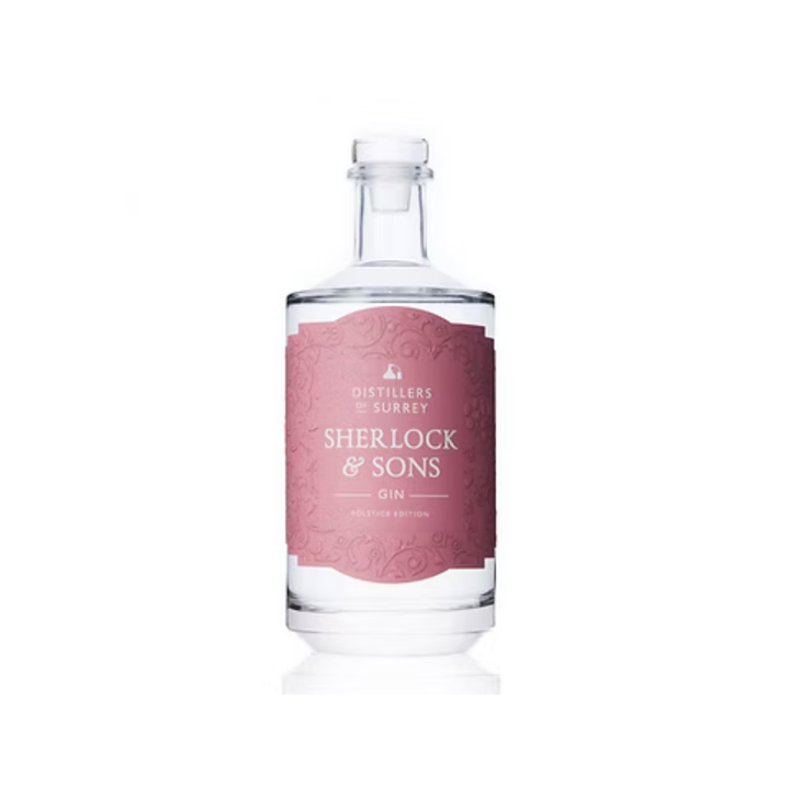Bottle of Sherlock & Sons gin with a pink label on a white background