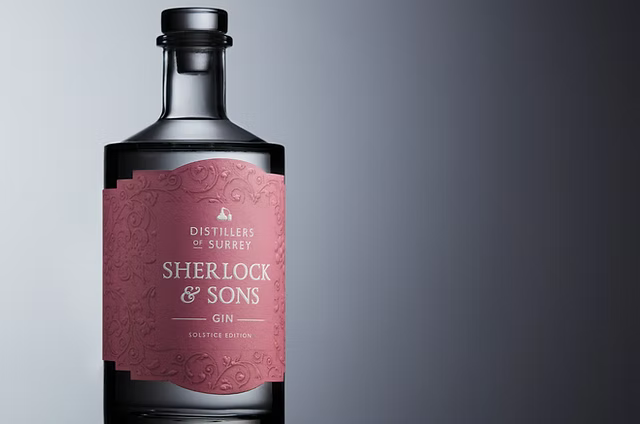 Bottle of Sherlock & Sons Gin with a maroon label on a gray background